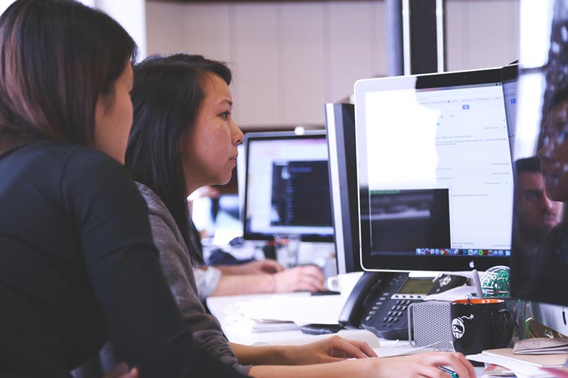 Two people on a computer
