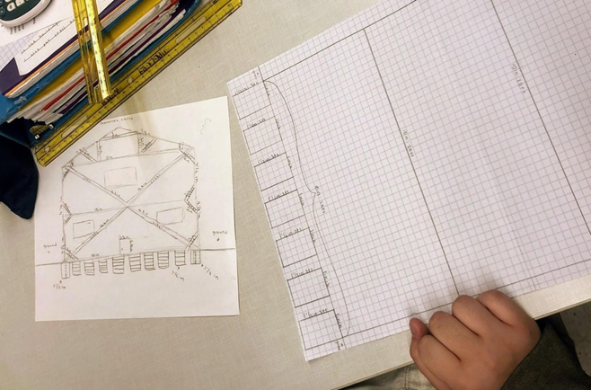 Sketch of plans for a building designed to withstand an earthquake.