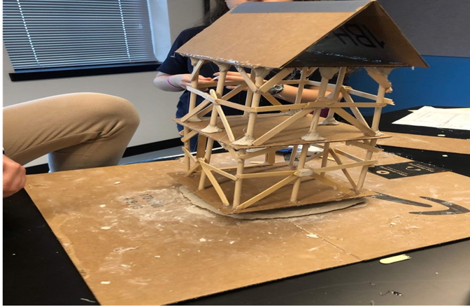 Small prototype of a building designed to withstand an earthquake.