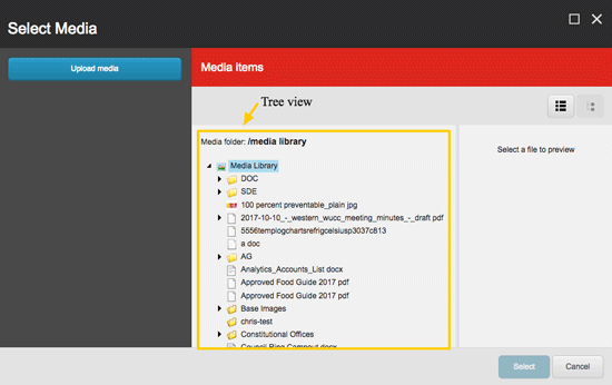 Media library Tree View Dialogue Box