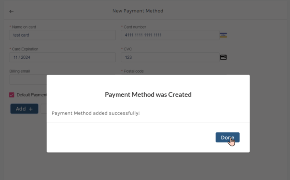 Showing a payment method was added successfully.