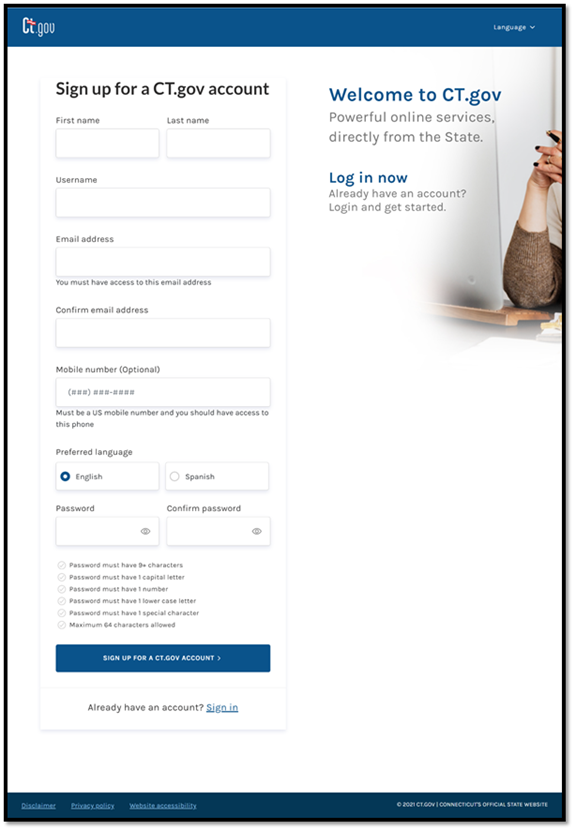 The credentials fields on a Business One Stop sign up form.