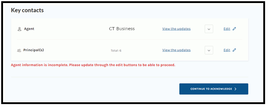 Showing the "key contacts" screen in the Business One Stop dashboard.