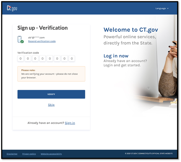 The verification code option when signing up for a Business One Stop account.