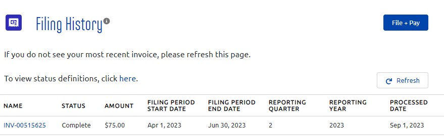 Filing History dashboard screenshot in My Account portal