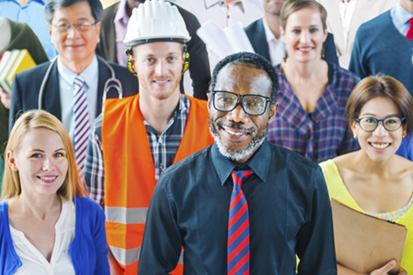 A group of diverse professionals standing together.